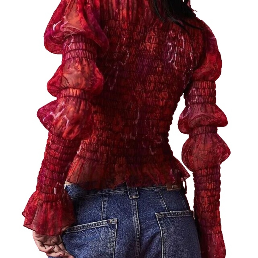 Free People Hello There Smocked Mesh Crop Top Size XS Maroon Combo Stretches